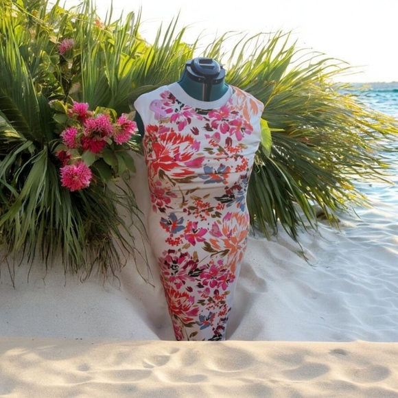 London Times Red and Orange Sleeveless Bodycon Midi Dress - Picture 1 of 7